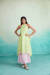 Limeade kurta skirt set - Lime & Orchid Pink Hand embroidered Kurta Skirt set