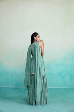 Load image into Gallery viewer, aquamarine kurta sharara set - Mint Hand embroidered gathered Kurta Sharara &amp; Dupatta set
