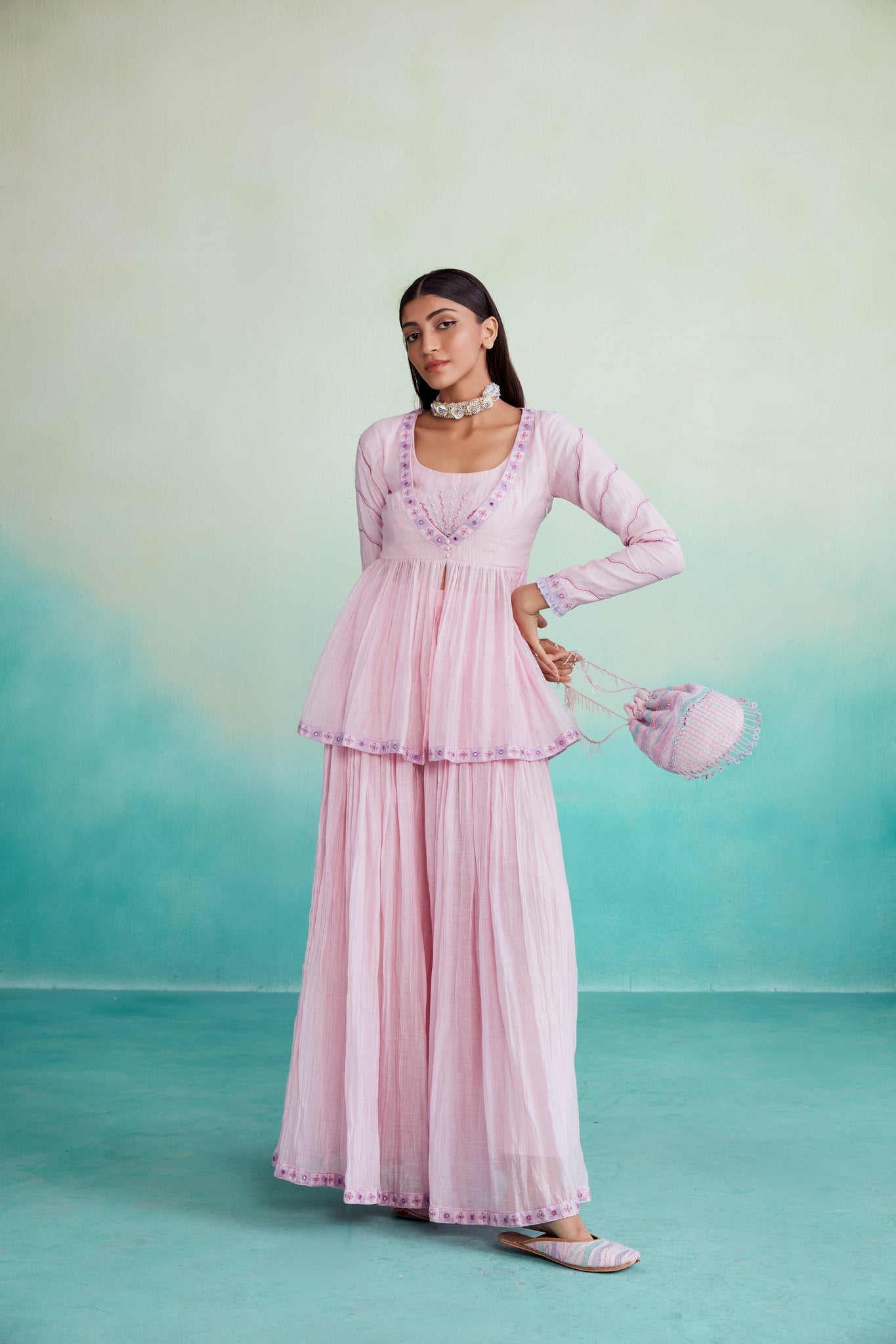 Rosalyn kurta sharara set - Orchid Pink Hand embroidered gathered Kurta Sharara set