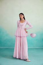 Load image into Gallery viewer, Rosalyn kurta sharara set - Orchid Pink Hand embroidered gathered Kurta Sharara set
