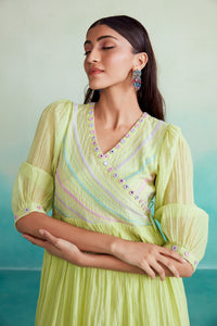 Vivid dress - Lime Hand embroidered gathered Dress