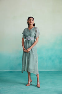 Aquarelle dress - Mint Kaftan Dress with hand embroidered Belt