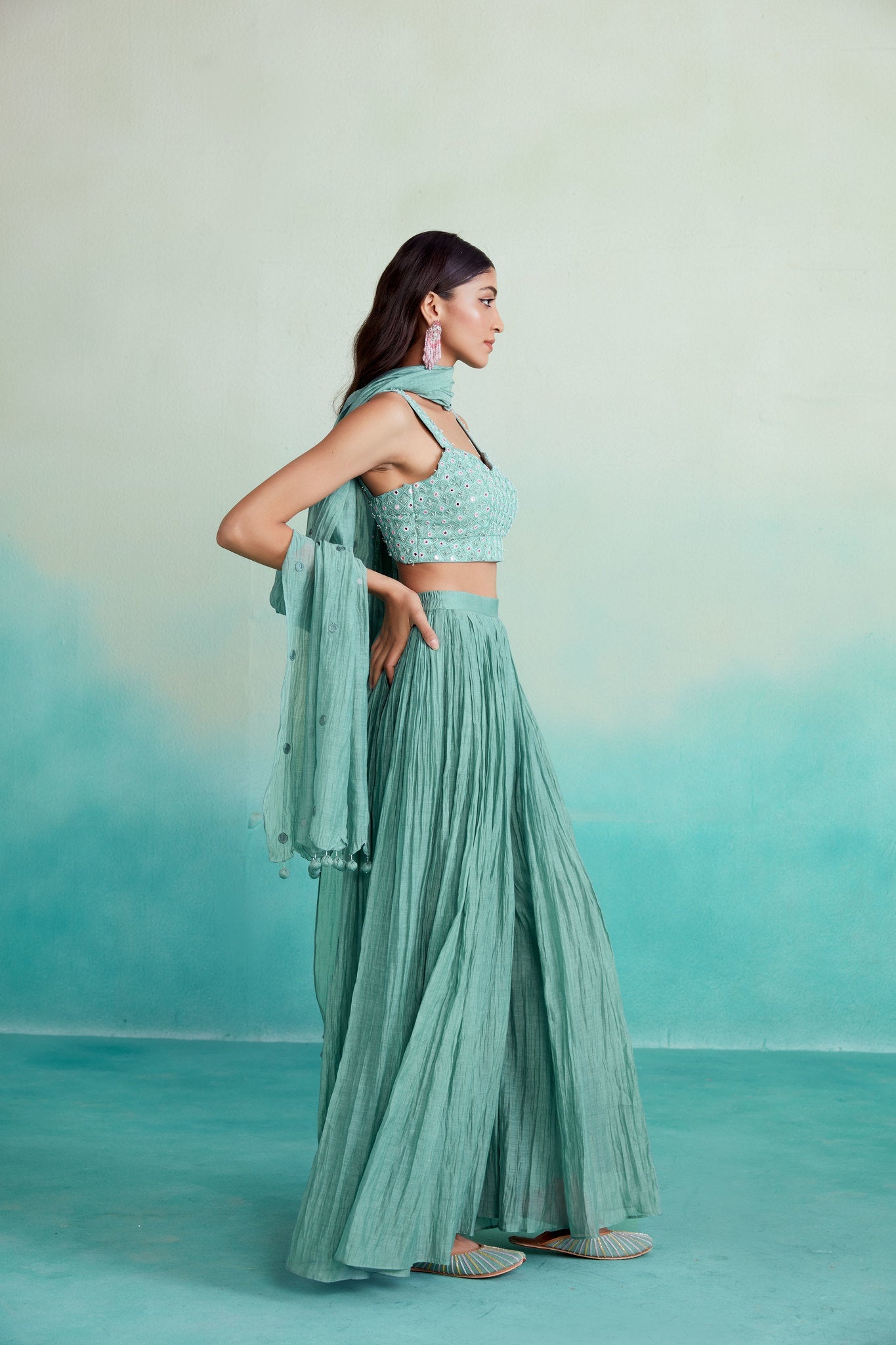 Spearmint sharara set - Mint Hand embroidered Crop-top Sharara & Dupatta set