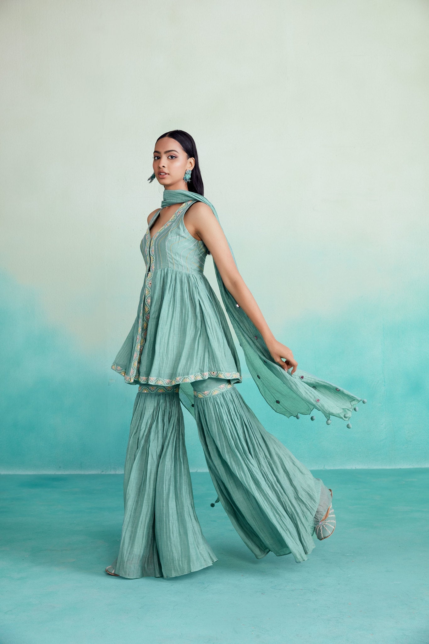 aquamarine kurta sharara set - Mint Hand embroidered gathered Kurta Sharara & Dupatta set