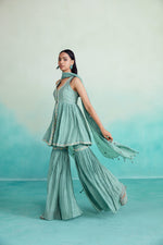 Load image into Gallery viewer, aquamarine kurta sharara set - Mint Hand embroidered gathered Kurta Sharara &amp; Dupatta set
