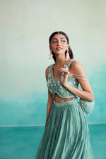 Load image into Gallery viewer, Nilaya skirt top set - Mint Hand embroidered Crop-top Skirt &amp; Dupatta set
