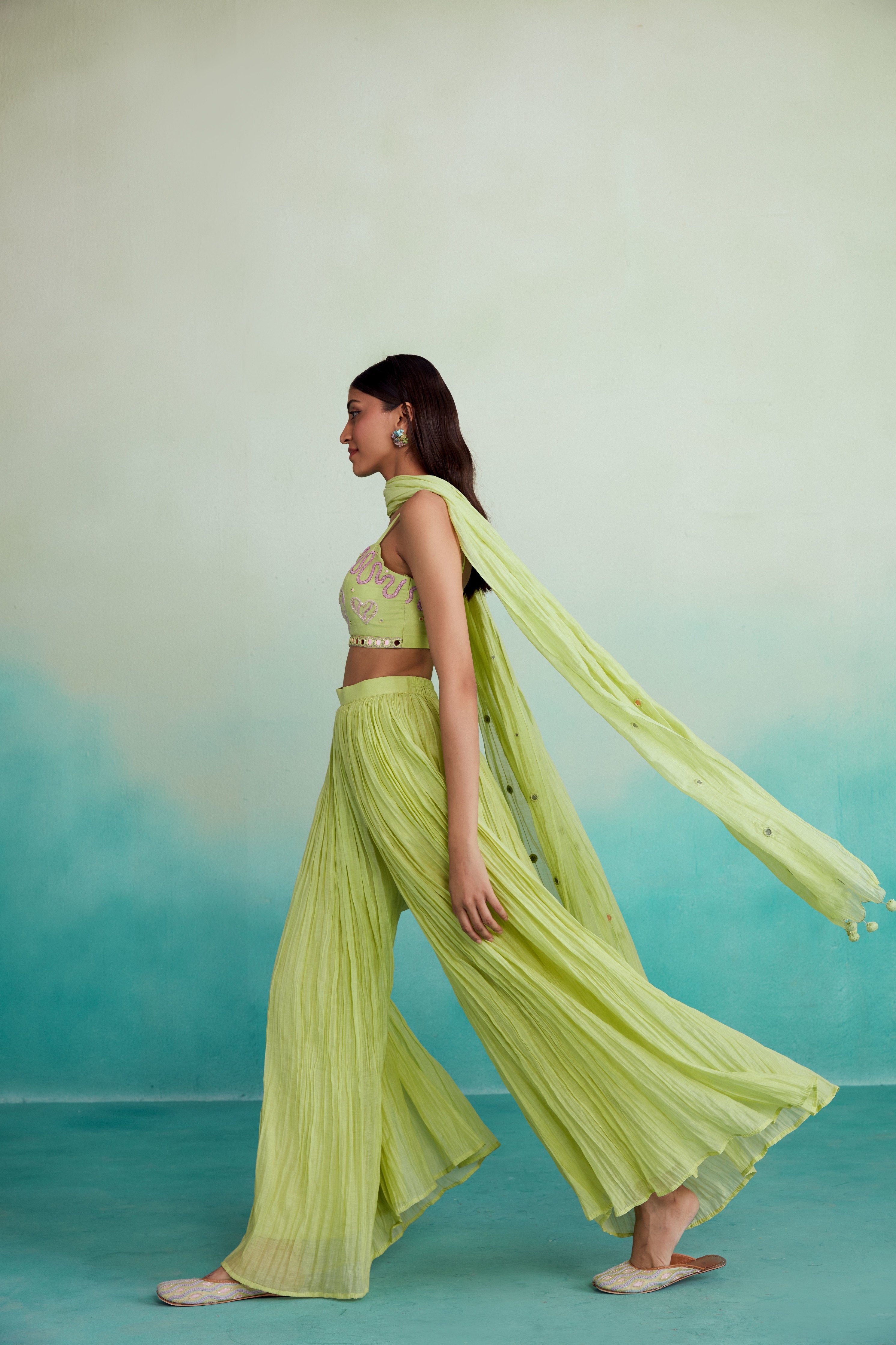 Zing sharara set - Lime Hand embroidered Crop top Sharara & Dupatta set