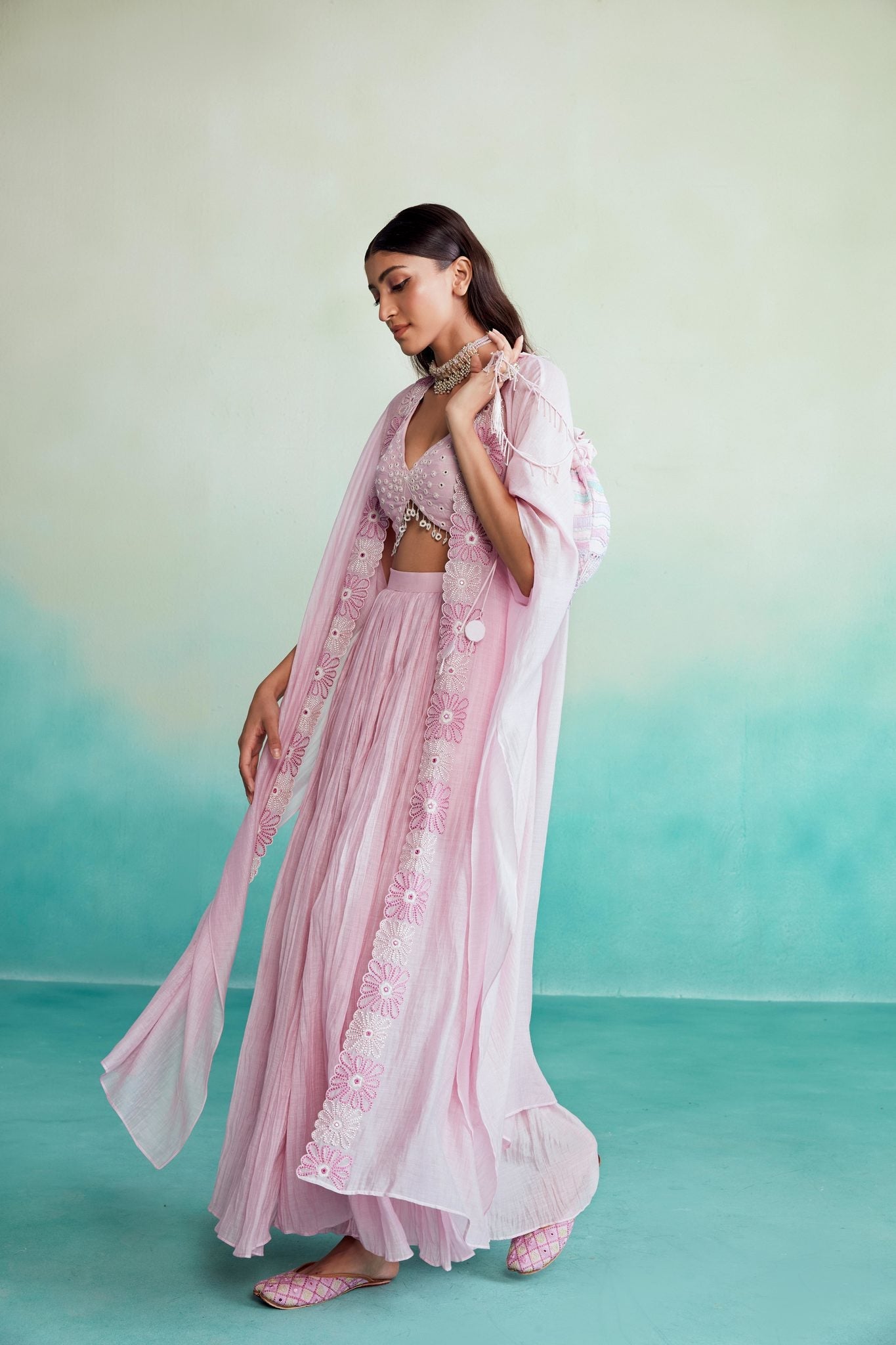 Fleuris jacket set - Orchid Pink Hand embroidered Jacket Crop-top & Sharara set