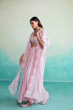 Load image into Gallery viewer, Fleuris jacket set - Orchid Pink Hand embroidered Jacket Crop-top &amp; Sharara set
