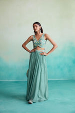 Load image into Gallery viewer, Nilaya skirt top set - Mint Hand embroidered Crop-top Skirt &amp; Dupatta set
