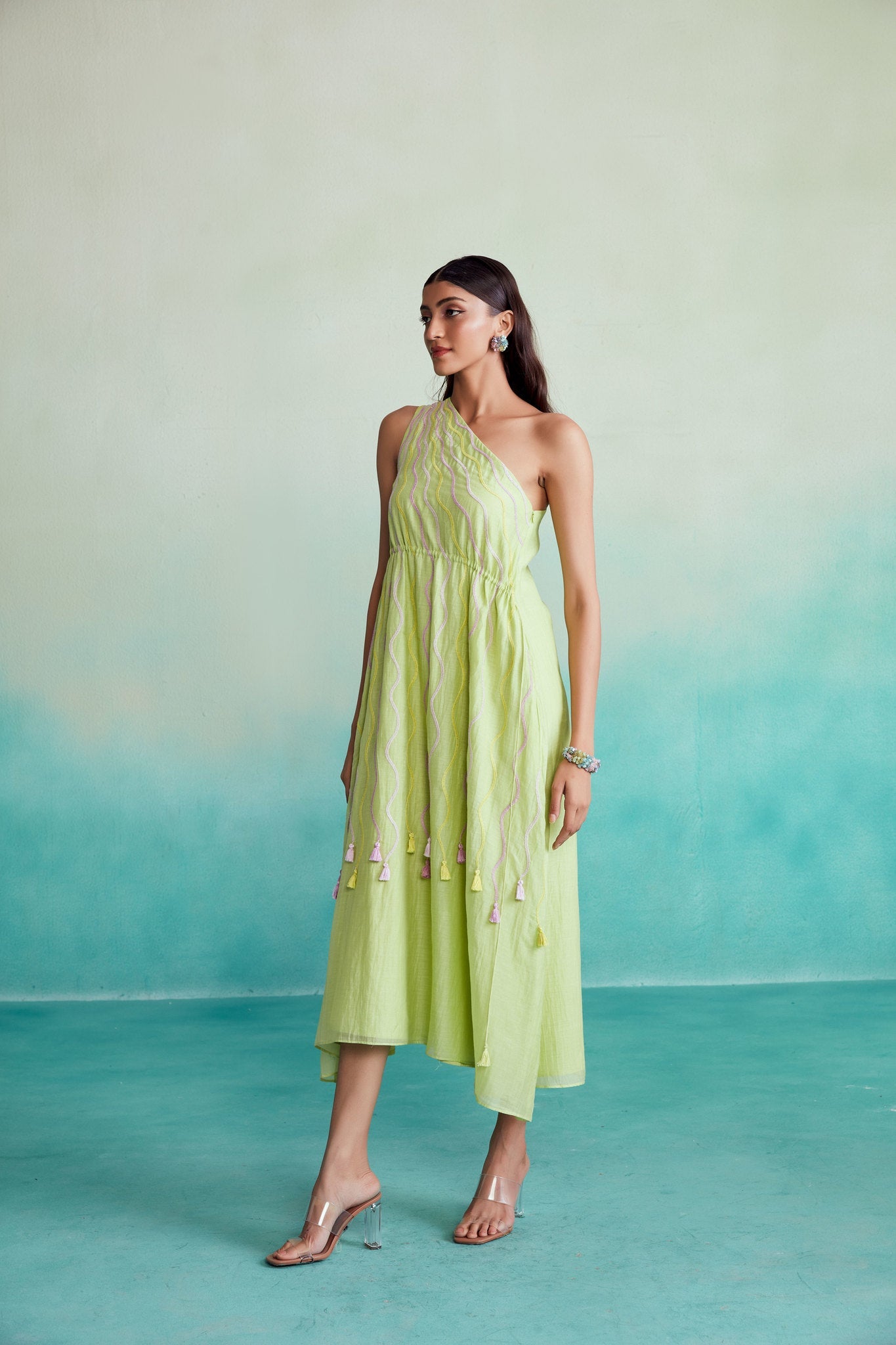 Vividora dress - Lime Hand embroidered one shoulder Dress