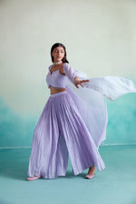 Load image into Gallery viewer, Lavender Mist sharara set - Lavender Hand embroidered Crop top Sharara &amp; Dupatta set
