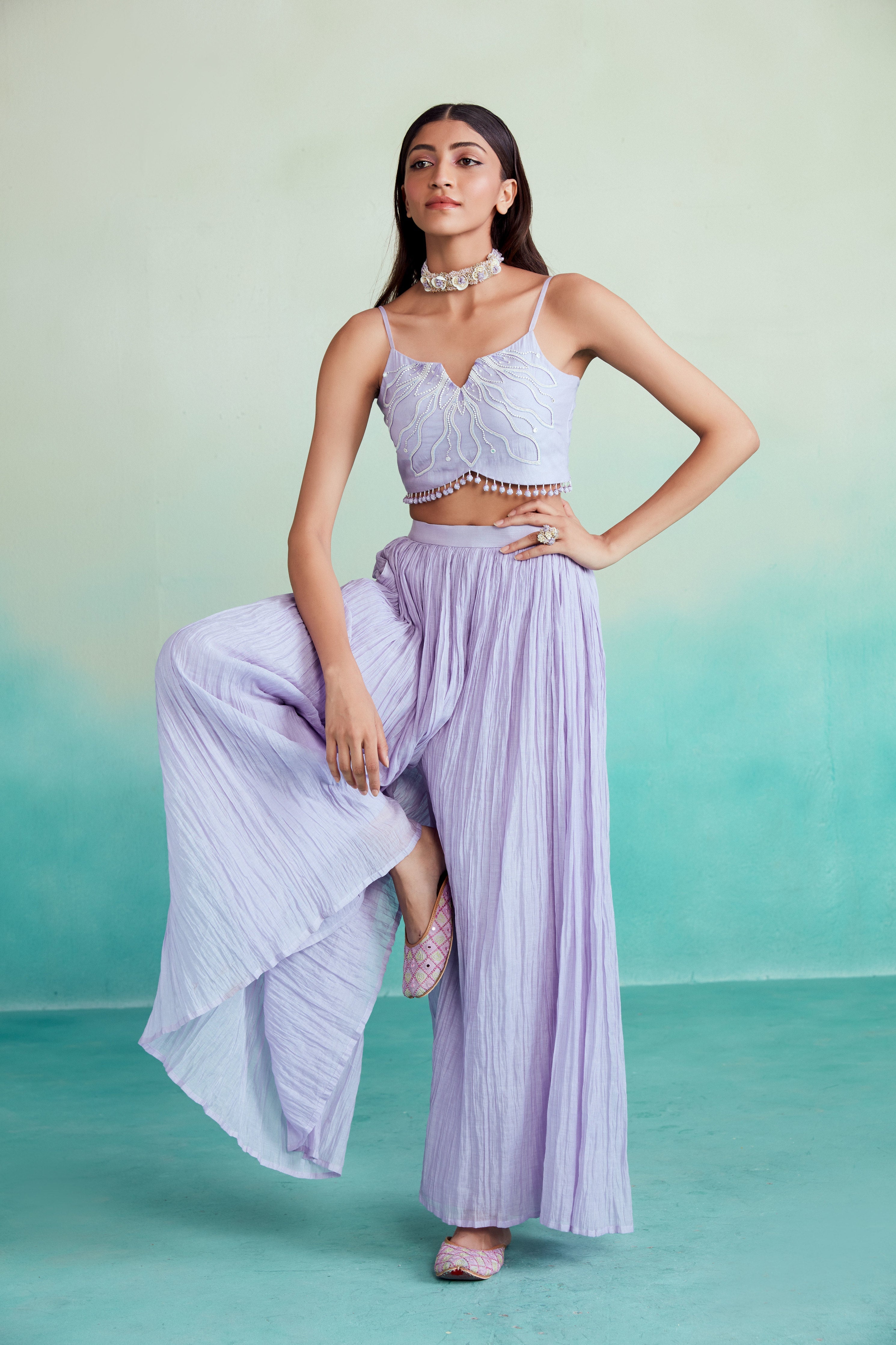 Lavender Mist sharara set - Lavender Hand embroidered Crop top Sharara & Dupatta set