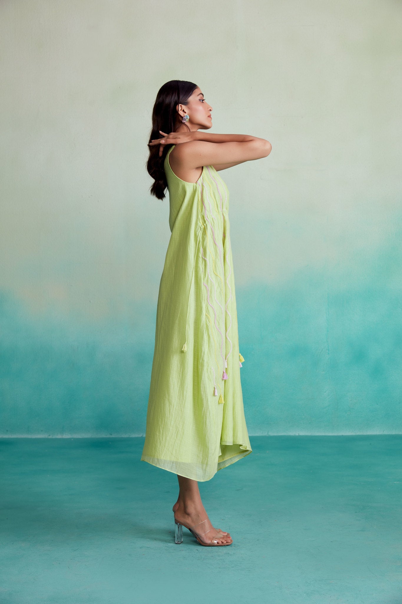 Vividora dress - Lime Hand embroidered one shoulder Dress