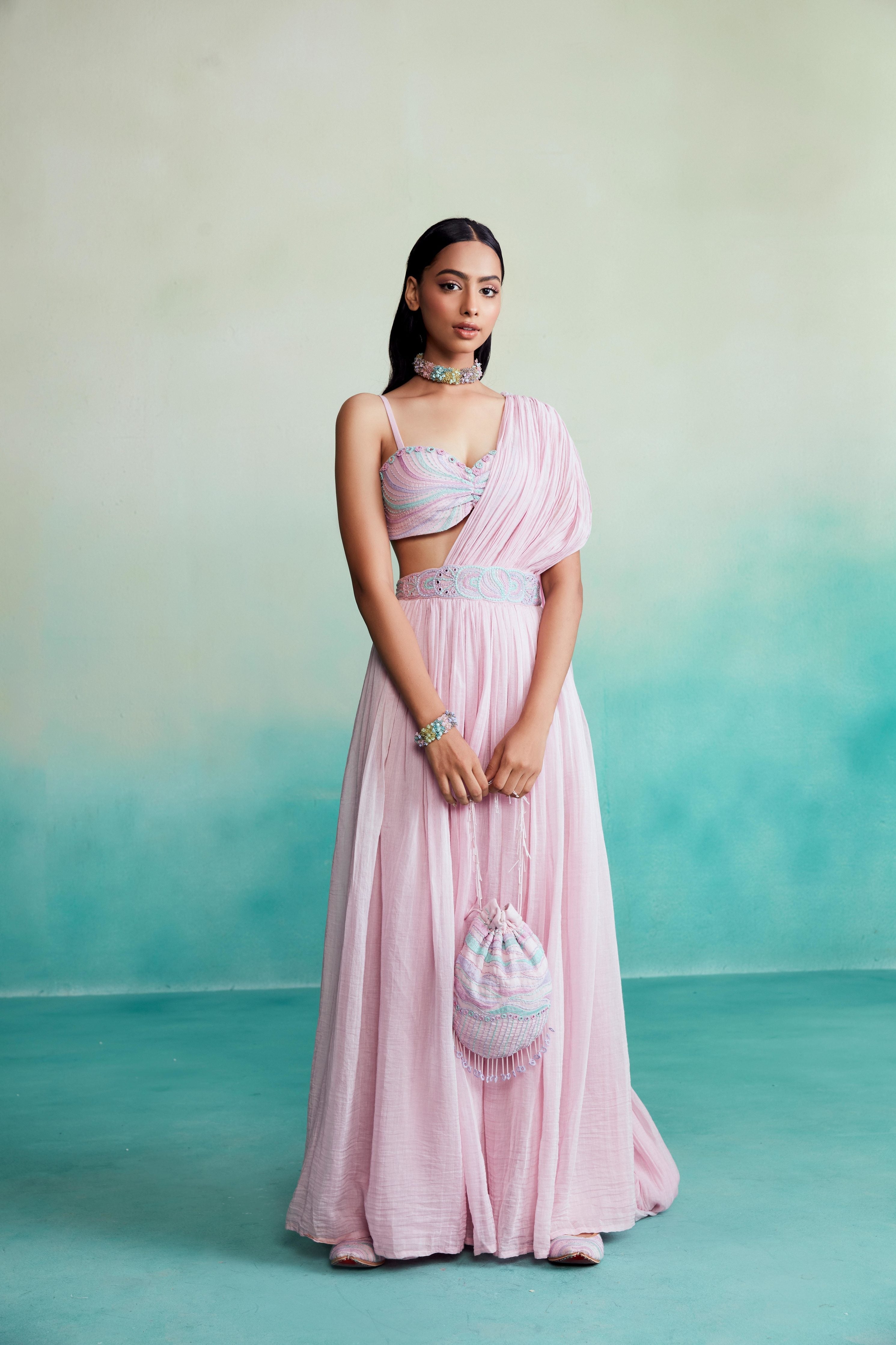 Bloomsy skirt saree set - Orchid Pink Skirt Saree set with hand embroidered bustier