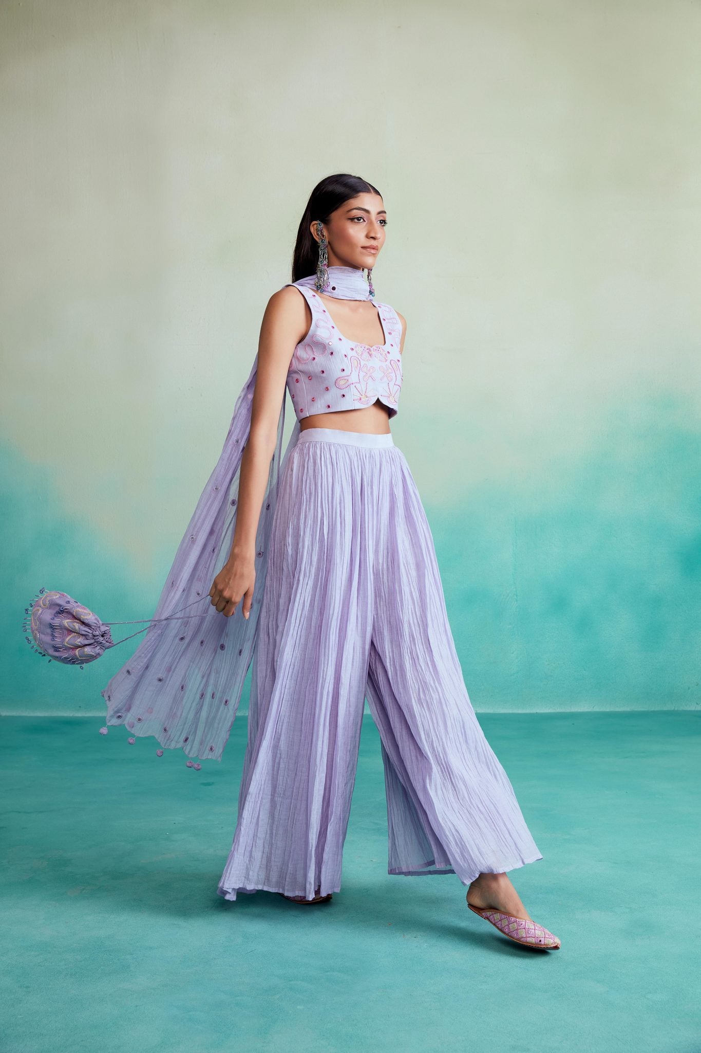 Luminova crop-top & sharara set - Lavender Hand embroidered Crop-top and Sharara set