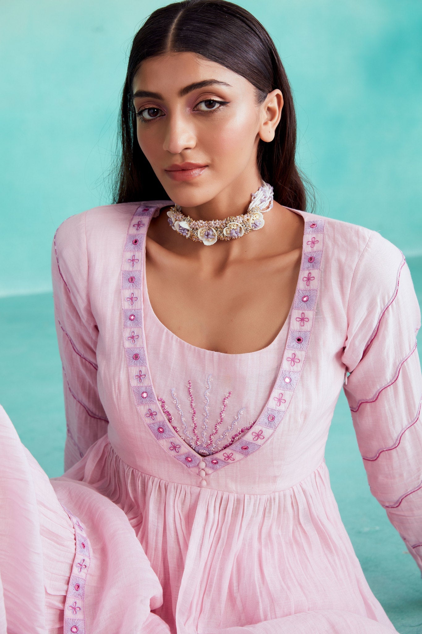 Rosalyn kurta sharara set - Orchid Pink Hand embroidered gathered Kurta Sharara set