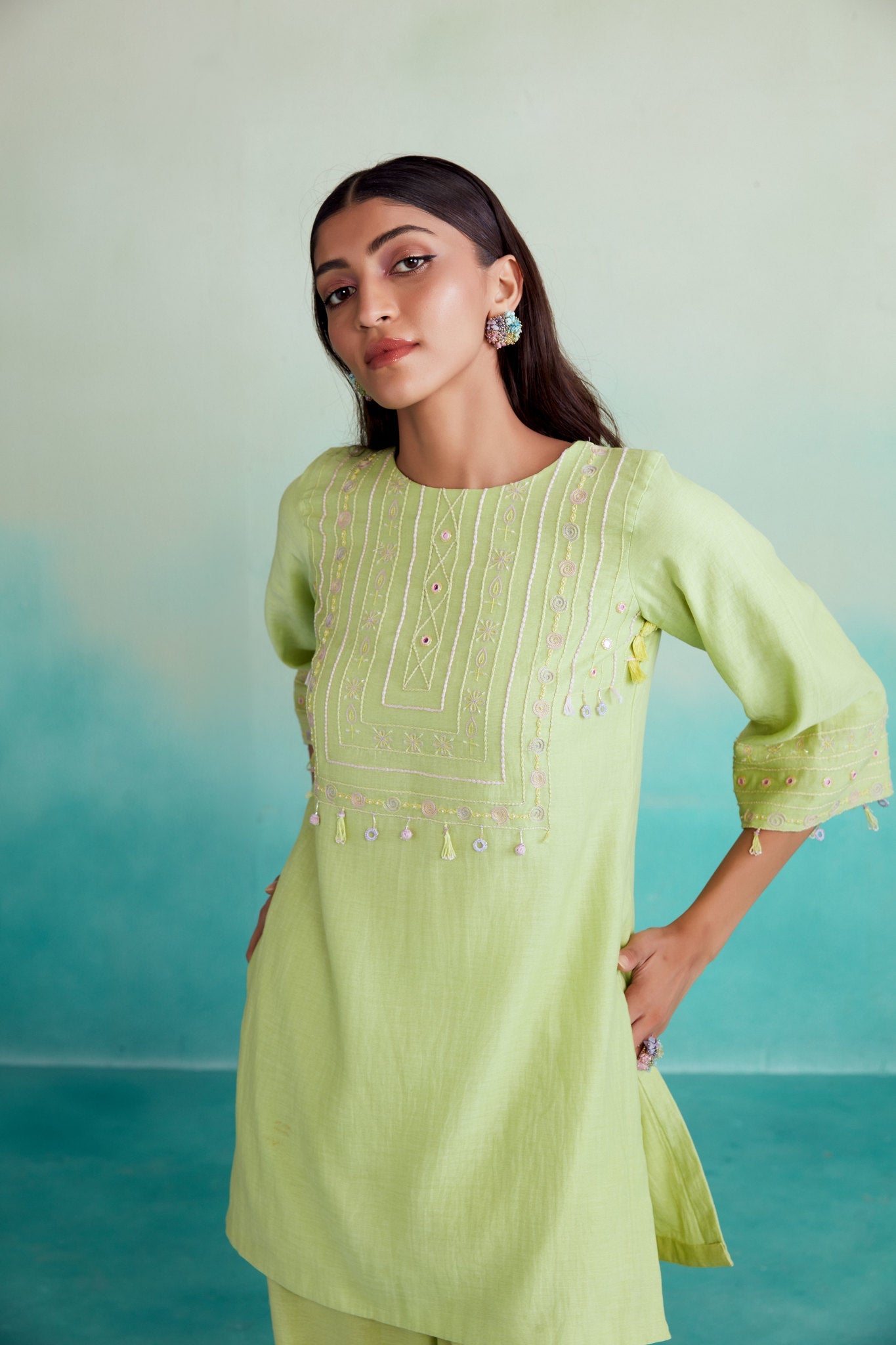 Citrina kurta set - Lime Hand embroidered Kurta Pants set