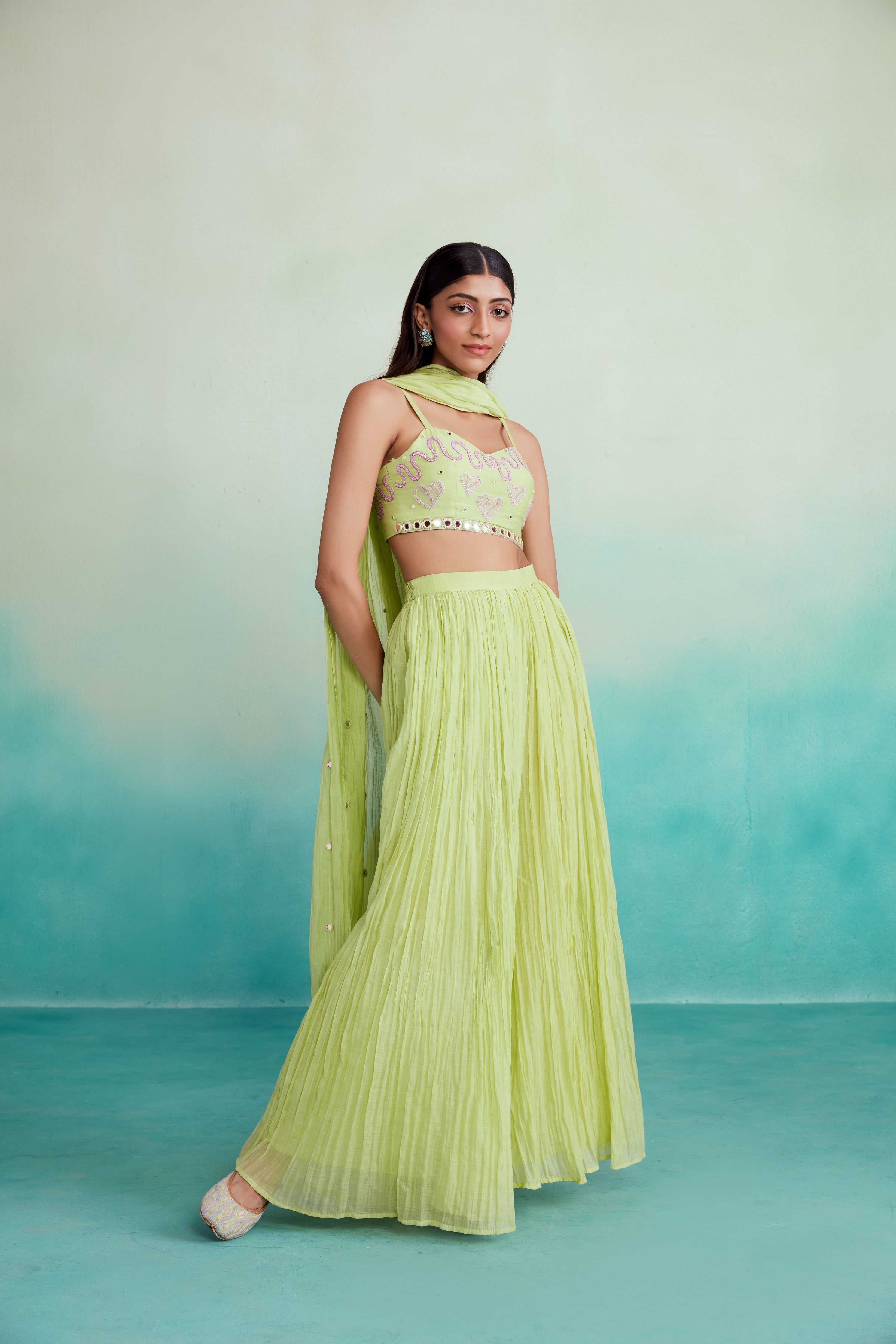 Zing sharara set - Lime Hand embroidered Crop top Sharara & Dupatta set