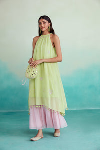 Limeade kurta skirt set - Lime & Orchid Pink Hand embroidered Kurta Skirt set