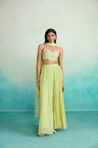 Zing sharara set - Lime Hand embroidered Crop top Sharara & Dupatta set