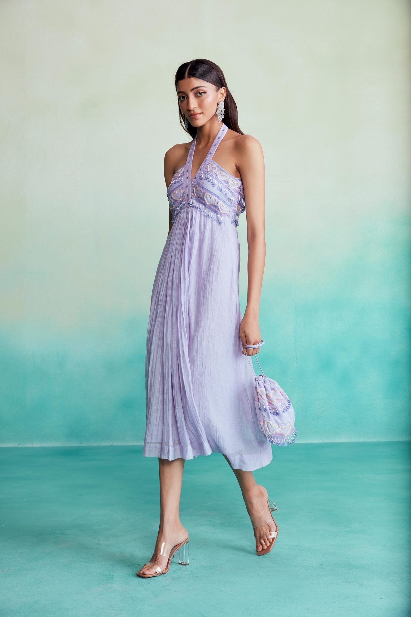 Ultraviolet dress - Digital Lavender Heart Hand embroidered Halter neck Dress