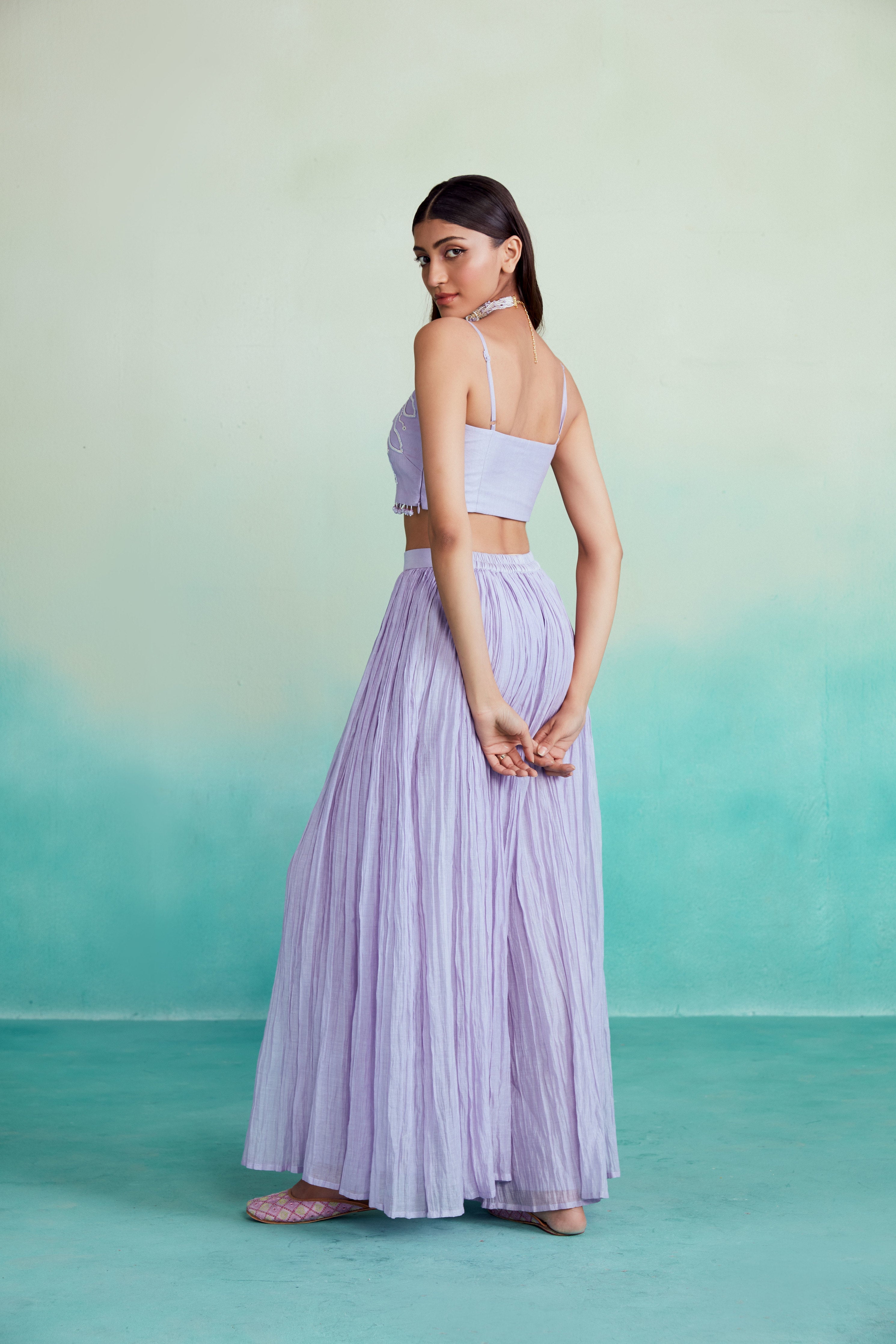 Lavender Mist sharara set - Lavender Hand embroidered Crop top Sharara & Dupatta set