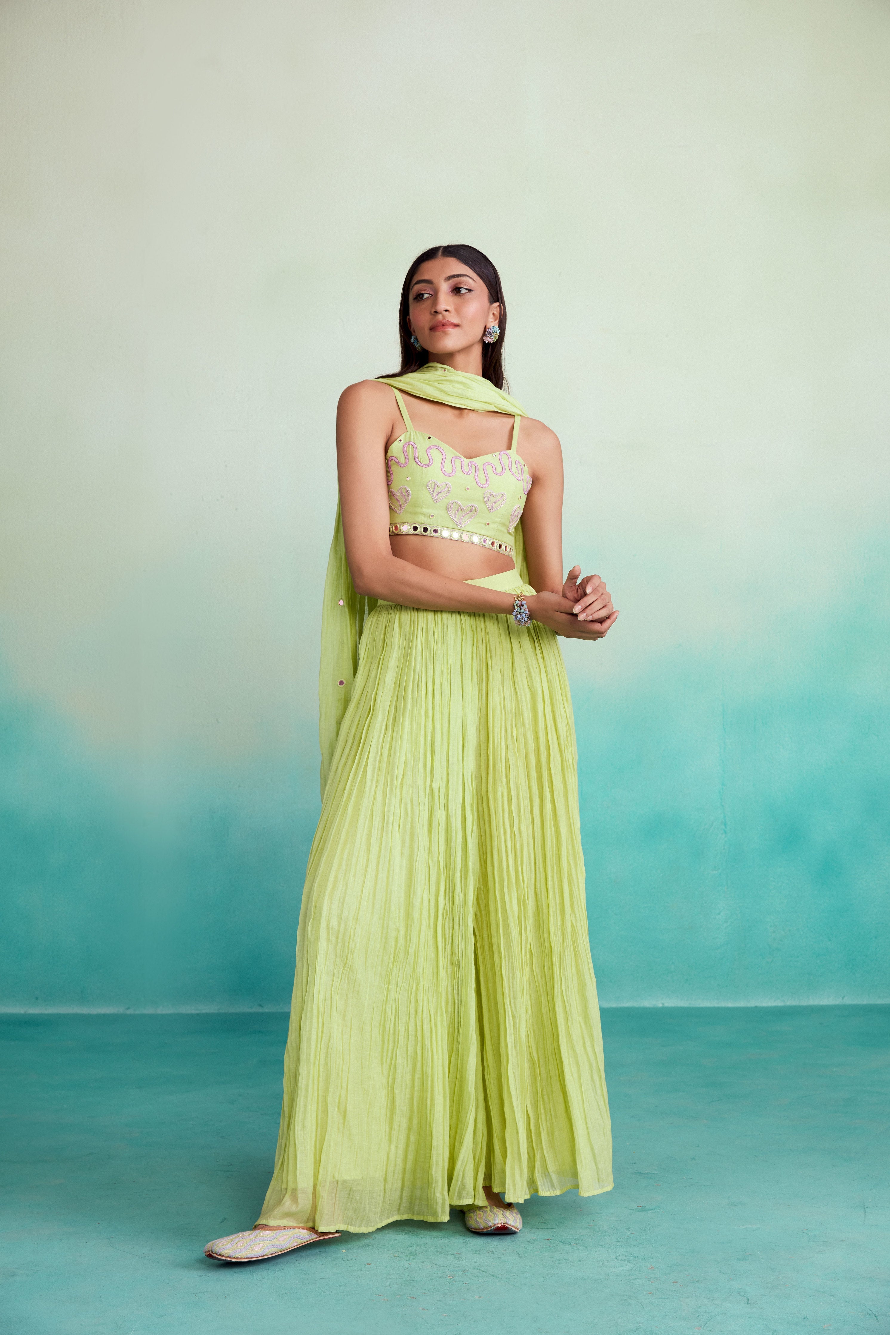 Zing sharara set - Lime Hand embroidered Crop top Sharara & Dupatta set