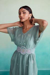 Aquarelle dress - Mint Kaftan Dress with hand embroidered Belt