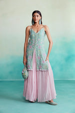 Load image into Gallery viewer, Celestial kurta sharara set - Mint Hand Embroidered Kurta with Orchid Pink gathered Skirt
