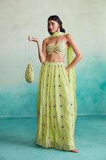 Load image into Gallery viewer, Citrus skirt top set - Lime Hand embroidered Skirt Top &amp; Dupatta set
