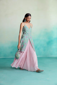 Celestial kurta sharara set - Mint Hand Embroidered Kurta with Orchid Pink gathered Skirt