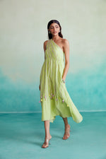 Load image into Gallery viewer, Vividora dress - Lime Hand embroidered one shoulder Dress
