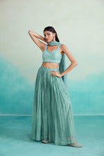 Load image into Gallery viewer, Spearmint sharara set - Mint Hand embroidered Crop-top Sharara &amp; Dupatta set
