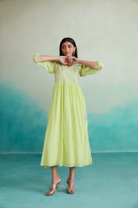 Vivid dress - Lime Hand embroidered gathered Dress