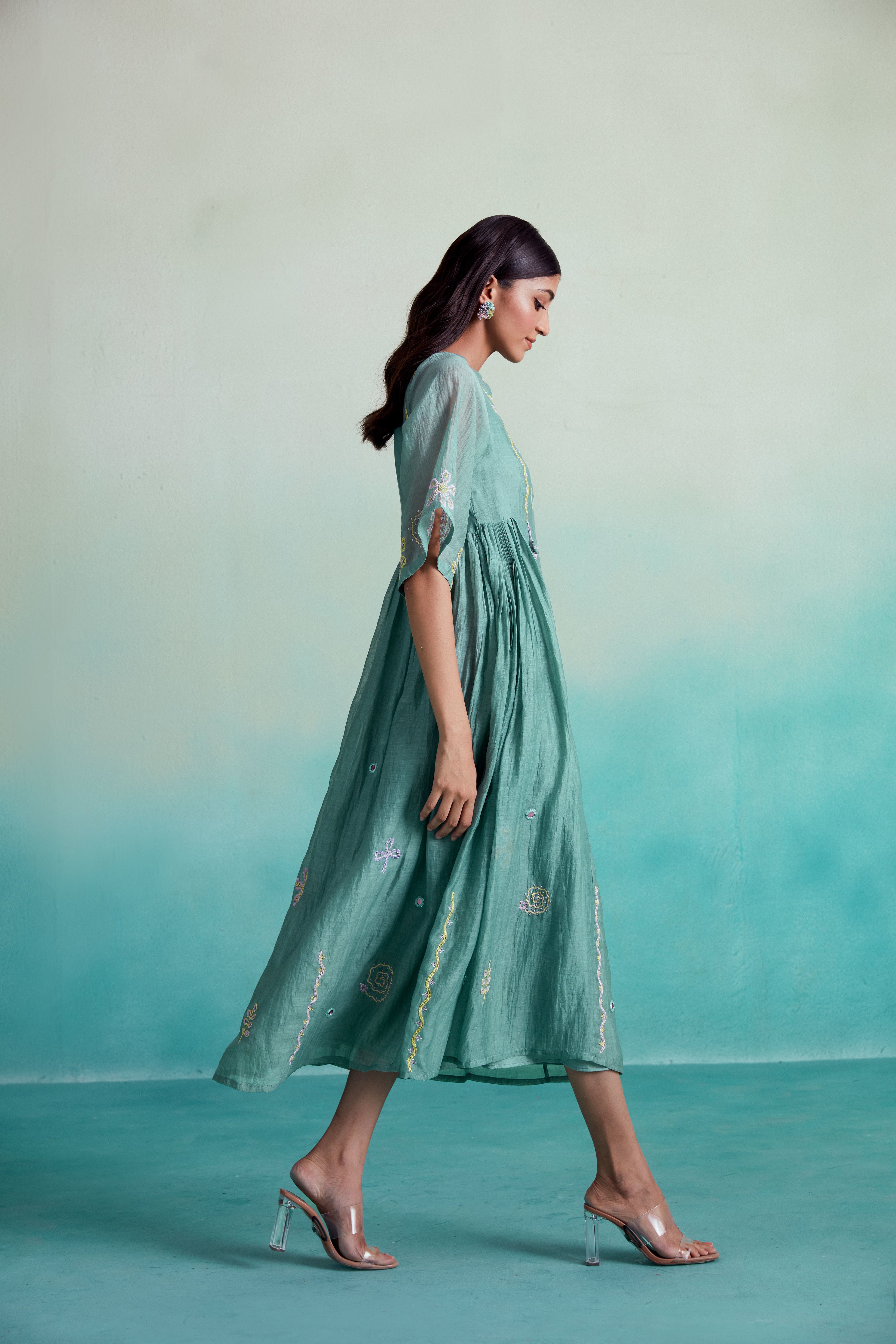 Enchantmint dress - Mint Hand embroidered gathered Dress