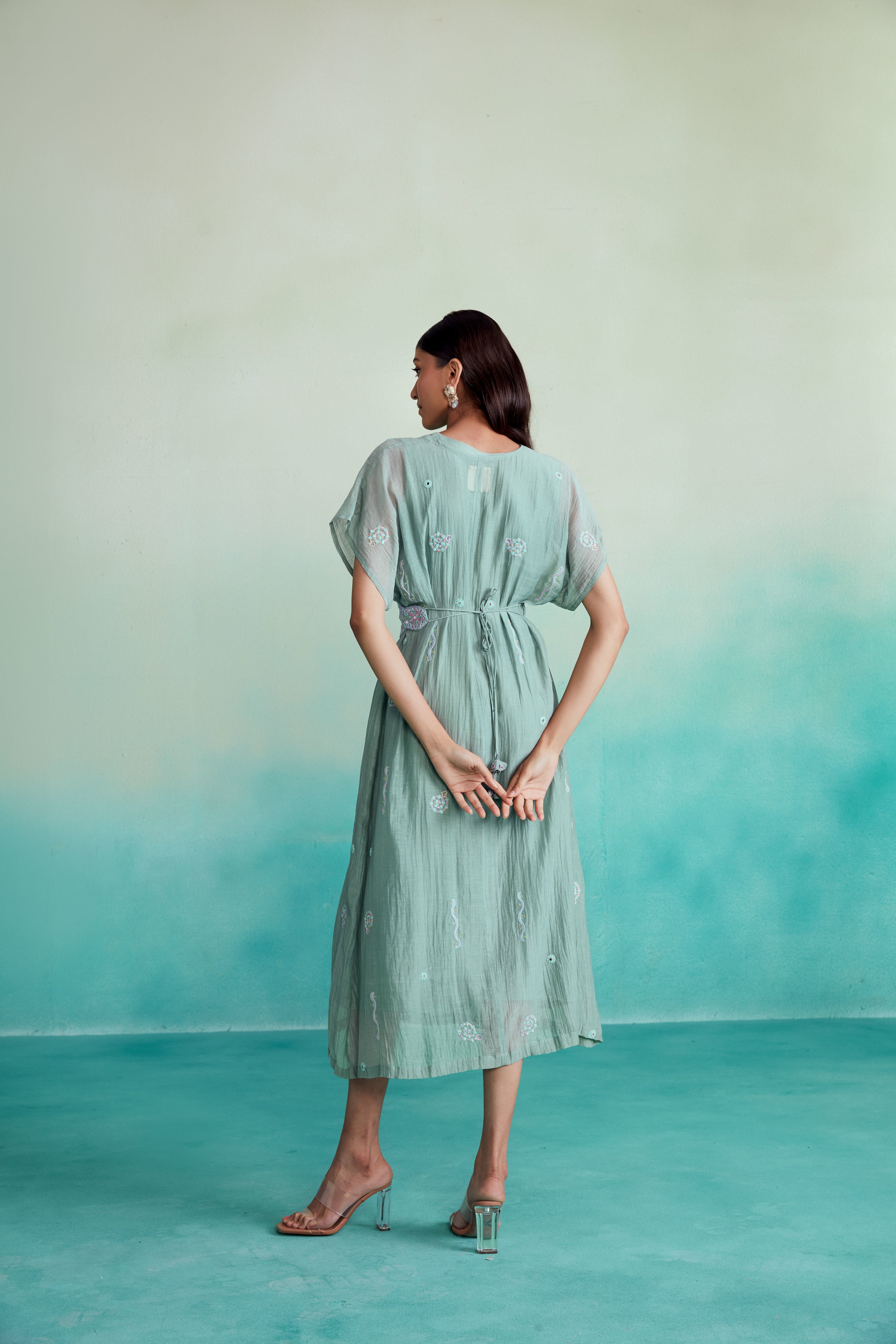 Aquarelle dress - Mint Kaftan Dress with hand embroidered Belt