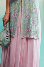 Load image into Gallery viewer, Celestial kurta sharara set - Mint Hand Embroidered Kurta with Orchid Pink gathered Skirt
