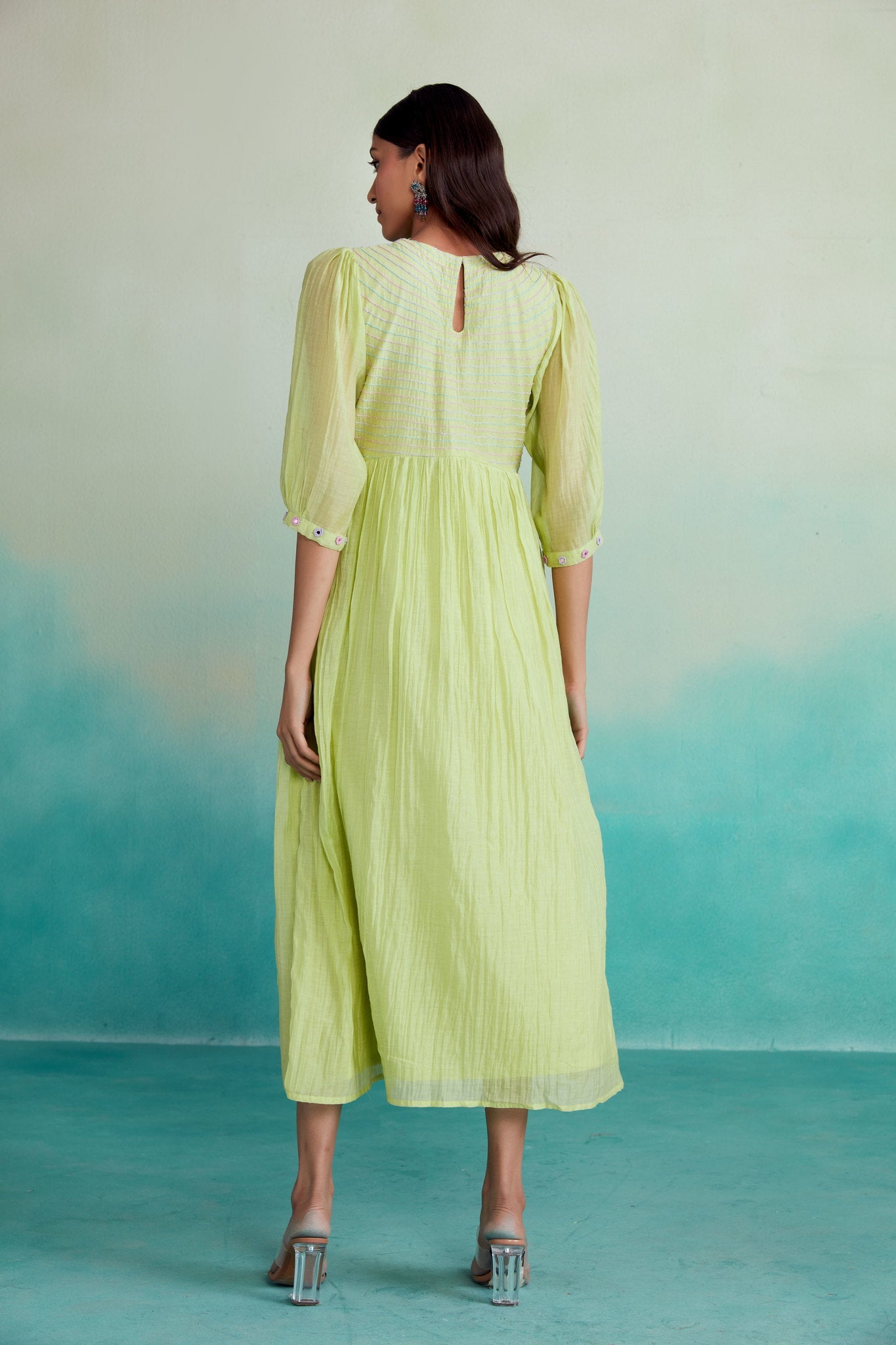 Vivid dress - Lime Hand embroidered gathered Dress