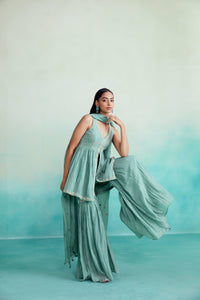 aquamarine kurta sharara set - Mint Hand embroidered gathered Kurta Sharara & Dupatta set