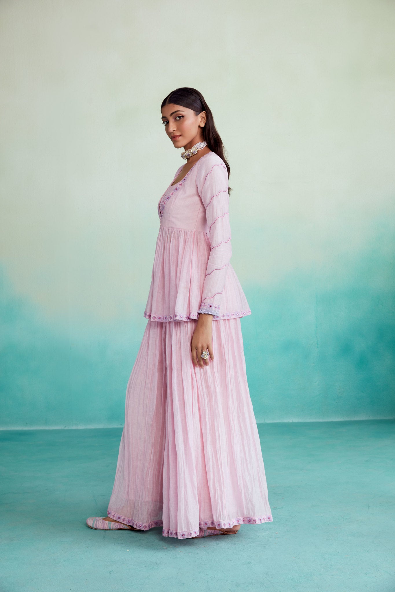 Rosalyn kurta sharara set - Orchid Pink Hand embroidered gathered Kurta Sharara set