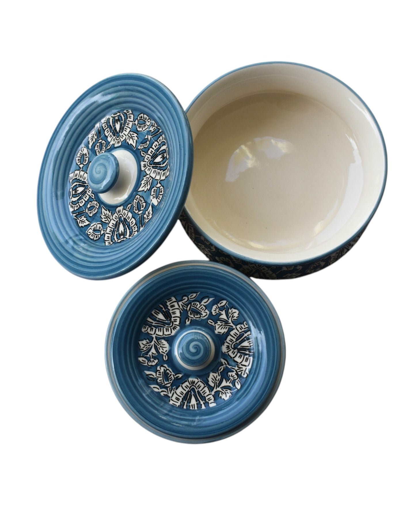 Grey floral- Blue Pottery Serving Handi