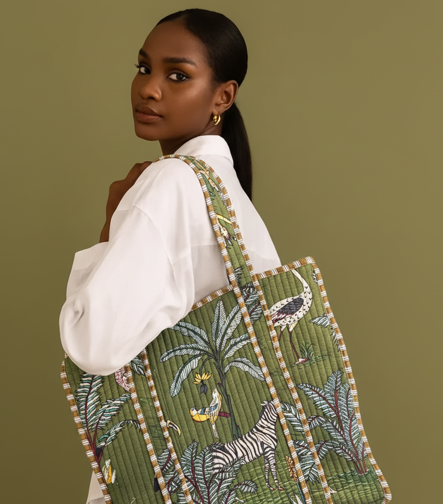 green zebra print cotton tote bags from jaipur