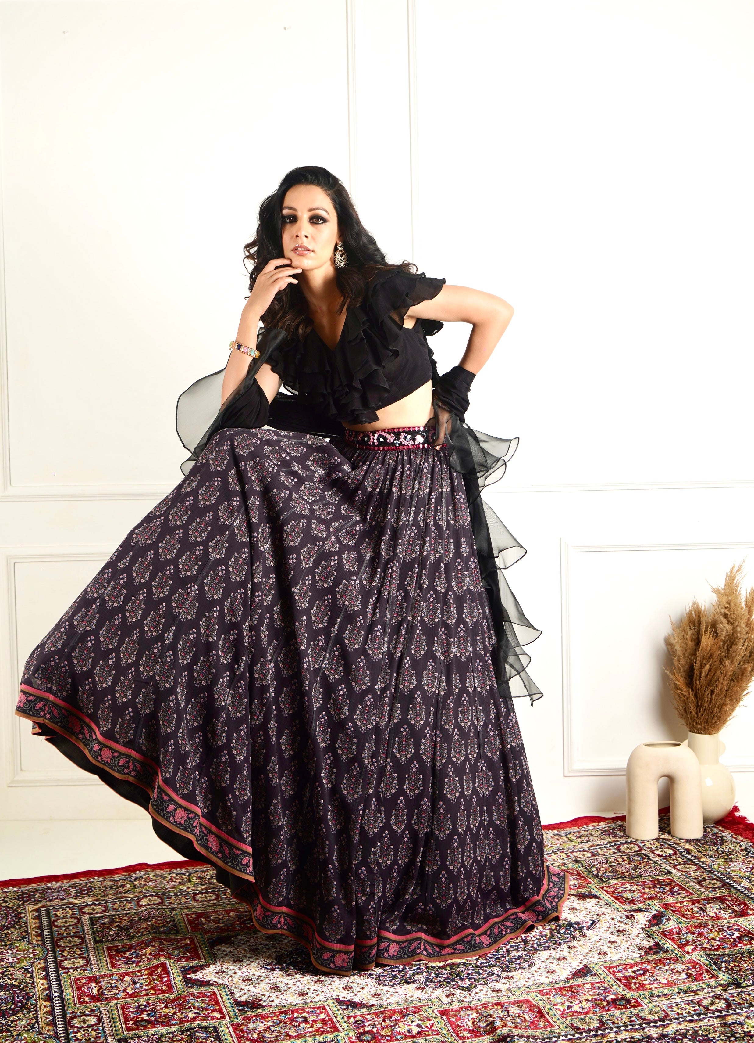 IMAARA black ruffled blouse and printed lehenga