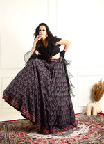 Load image into Gallery viewer, IMAARA black ruffled blouse and printed lehenga
