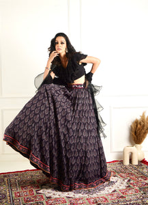 IMAARA black ruffled blouse and printed lehenga