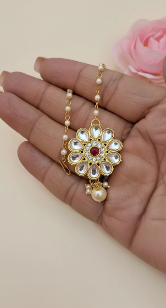 Red Floral Kundan and Pearl Maang Tikka for Little Girls