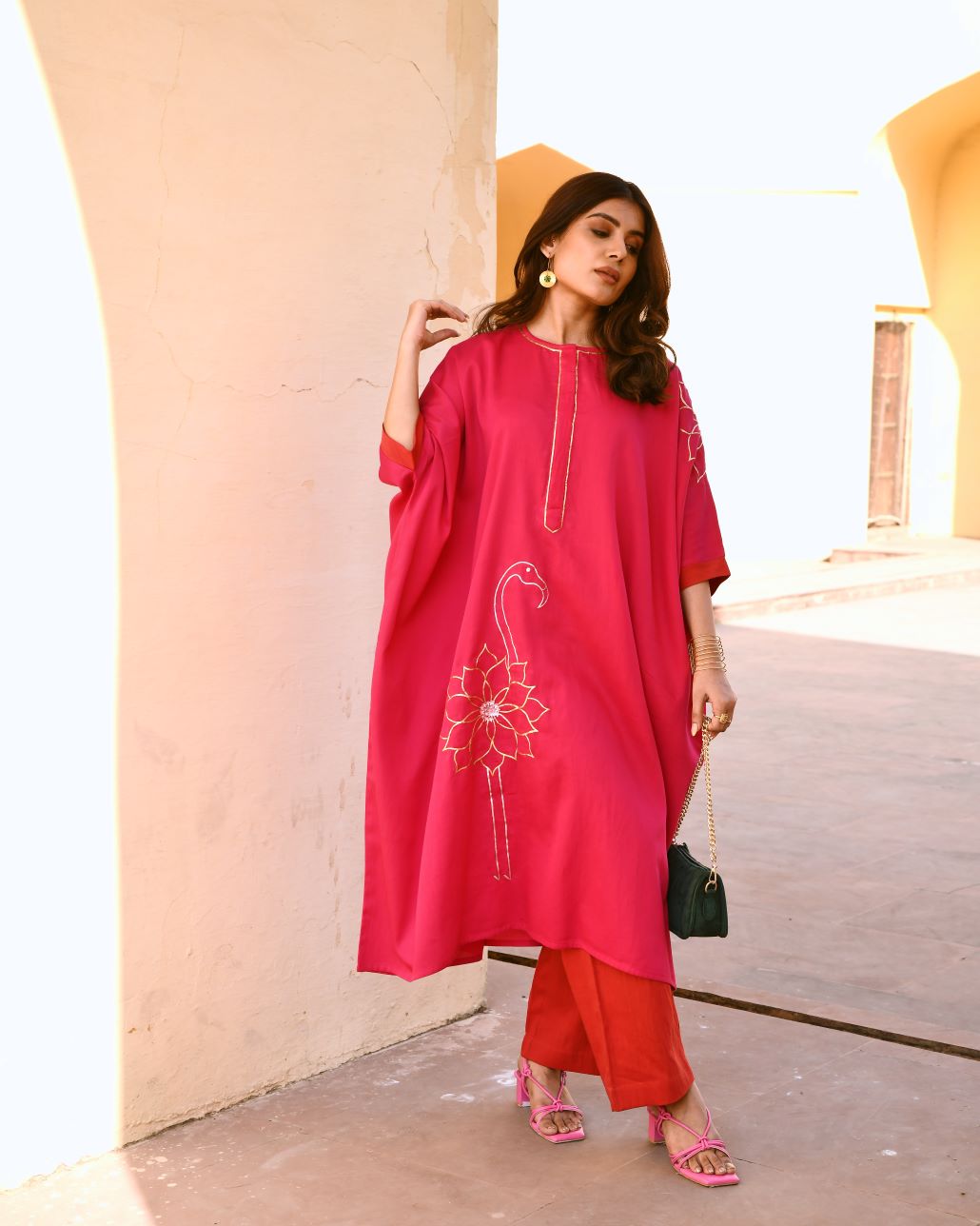 Soha Pink Embroidered Kaftaan Two-Piece Set