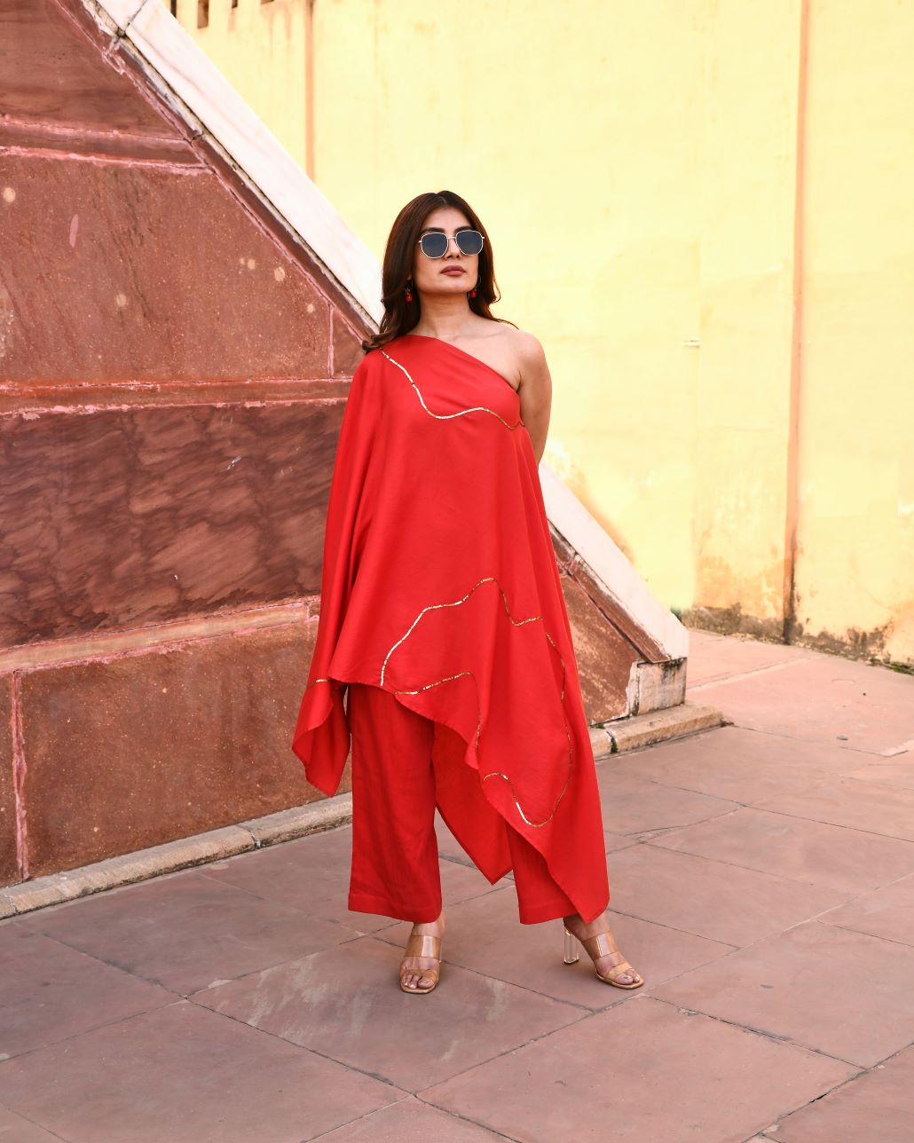 Tiana Red Off Shoulder Kaftaan-Pant Set