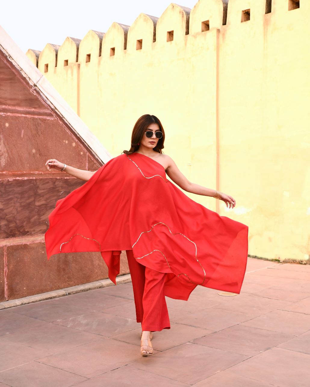 Tiana Red Off Shoulder Kaftaan-Pant Set